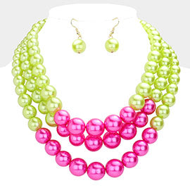 pink &amp; green Layered pearl Necklace