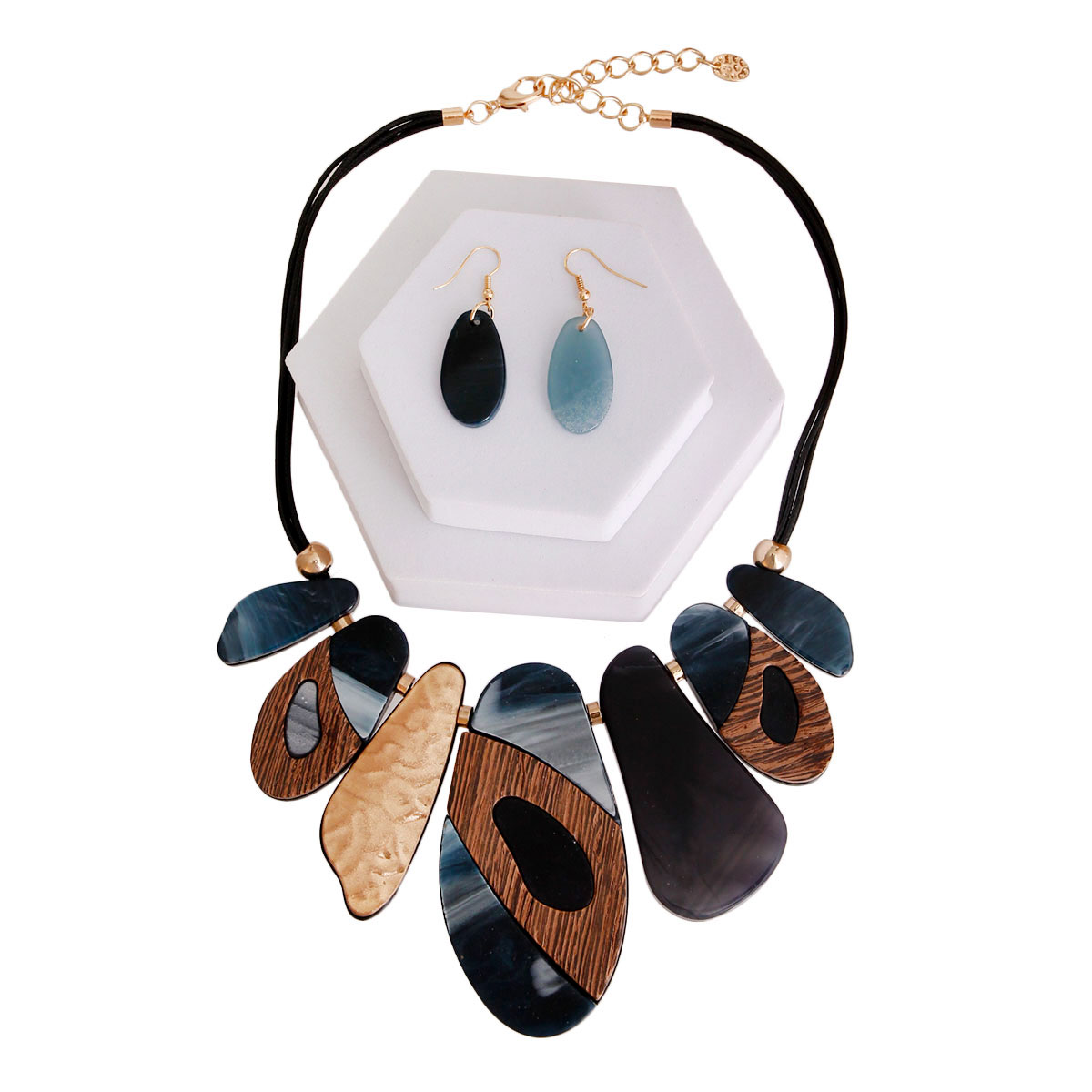 Blue Celluloid and Wood Collar Set